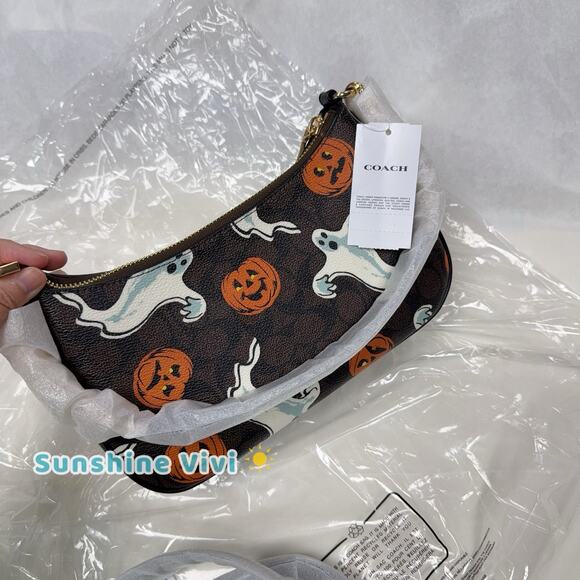 NWT Coach Teri Shoulder Bag In Signature Canvas Pumpkin Halloween 🎃Print CCE71 - Picture 5 of 16